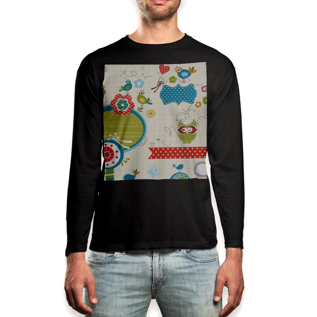 Rakuten - ロング tシャツ メンズ 長袖 ブラック デザイン XS S M L XL 2XL ロンT ティーシャツ 黒 black T shirt long sleeve 002690 鳥　花　キャラクター