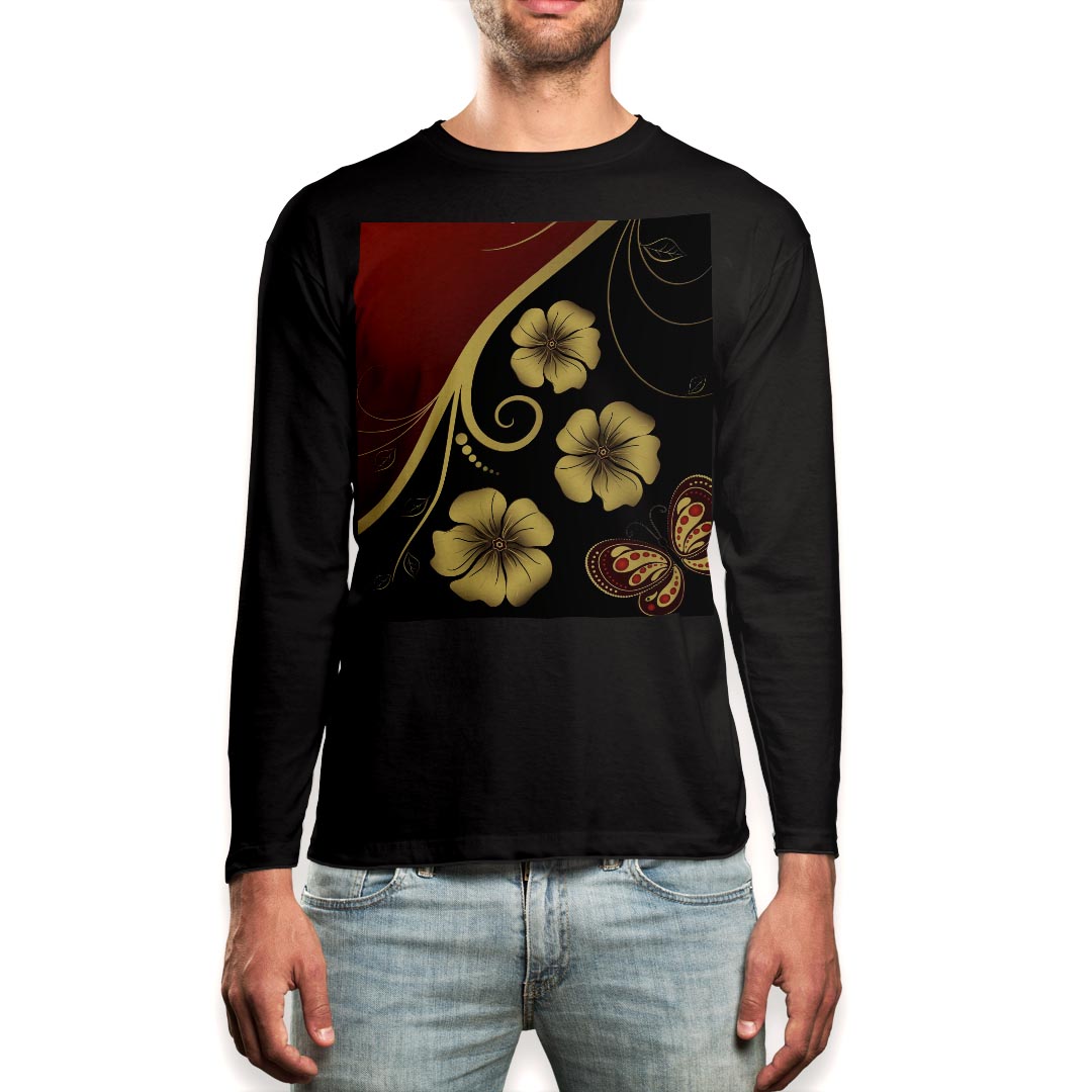 Henry Neck - ロング tシャツ メンズ 長袖 ブラック デザイン XS S M L XL 2XL ロンT ティーシャツ 黒 black T shirt long sleeve 002755 花　蝶　赤　黒