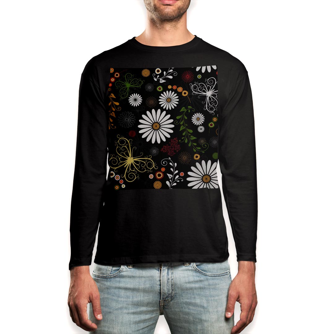T-Shirts - ロング tシャツ メンズ 長袖 ブラック デザイン XS S M L XL 2XL ロンT ティーシャツ 黒 black T shirt long sleeve 002762 花　蝶　カラフル