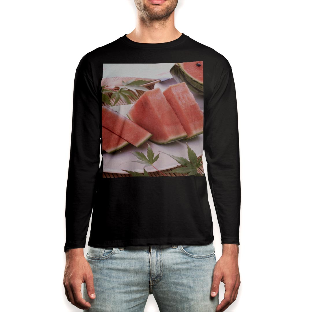 ロング tシャツ メンズ 長袖 ブラック デザイン XS S M L XL 2XL ロンT ティーシャツ 黒 black T shirt long sleeve 002779 夏 スイカ 写真
