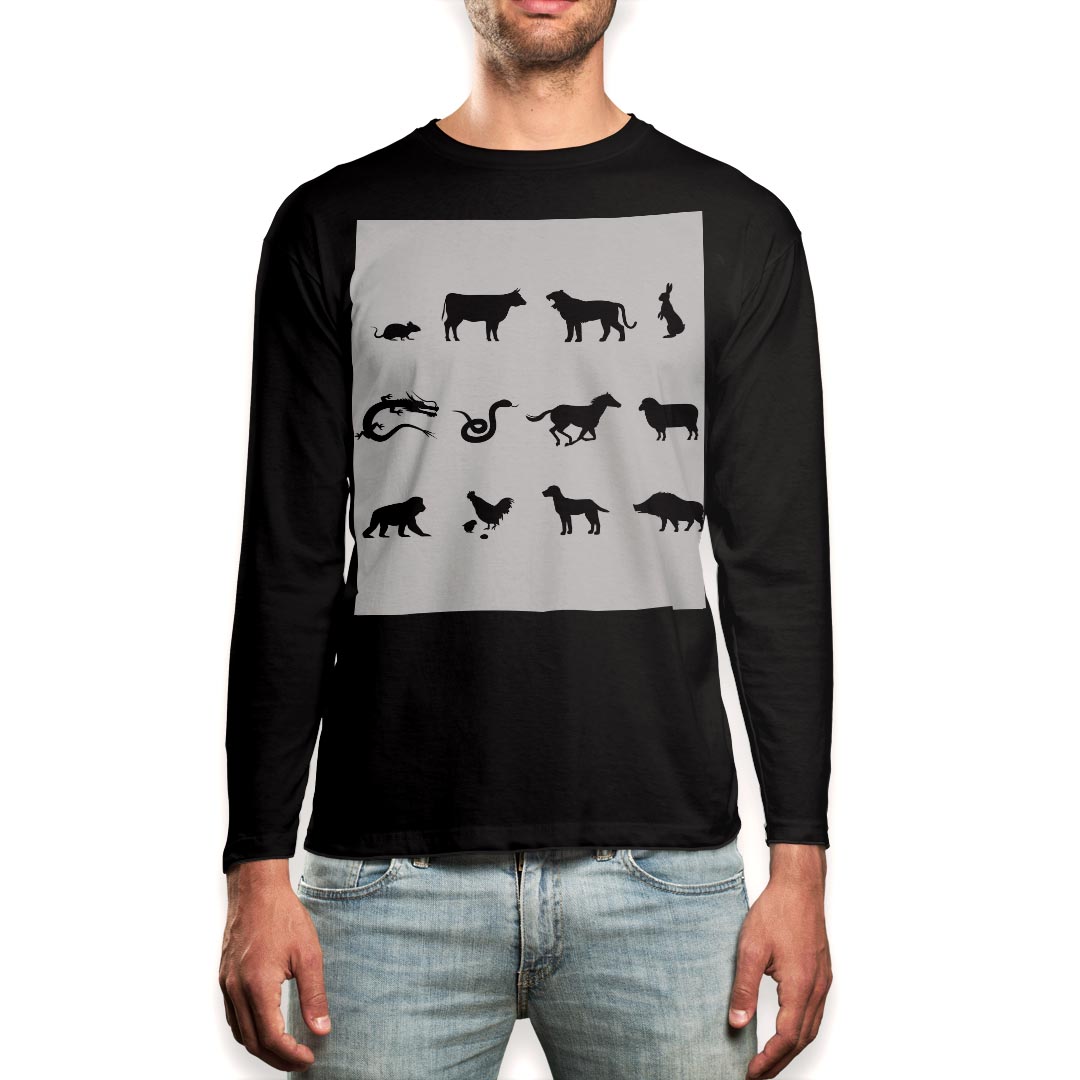 Long-Sleeved - ロング tシャツ メンズ 長袖 ブラック デザイン XS S M L XL 2XL ロンT ティーシャツ 黒 black T shirt long sleeve 002853 動物　干支　イラスト