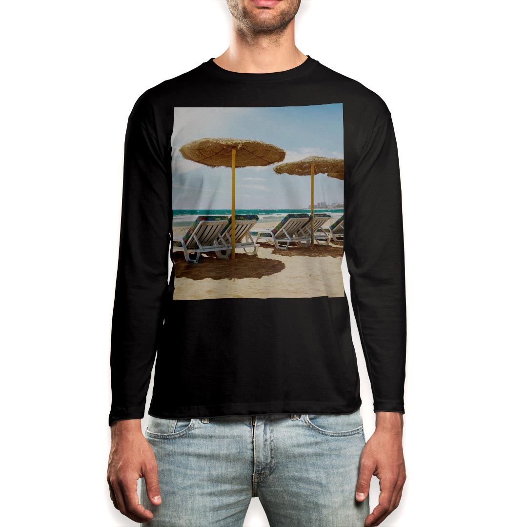 乐天商城 - ロング tシャツ メンズ 長袖 ブラック デザイン XS S M L XL 2XL ロンT ティーシャツ 黒 black T shirt long sleeve 002927 海　空　写真