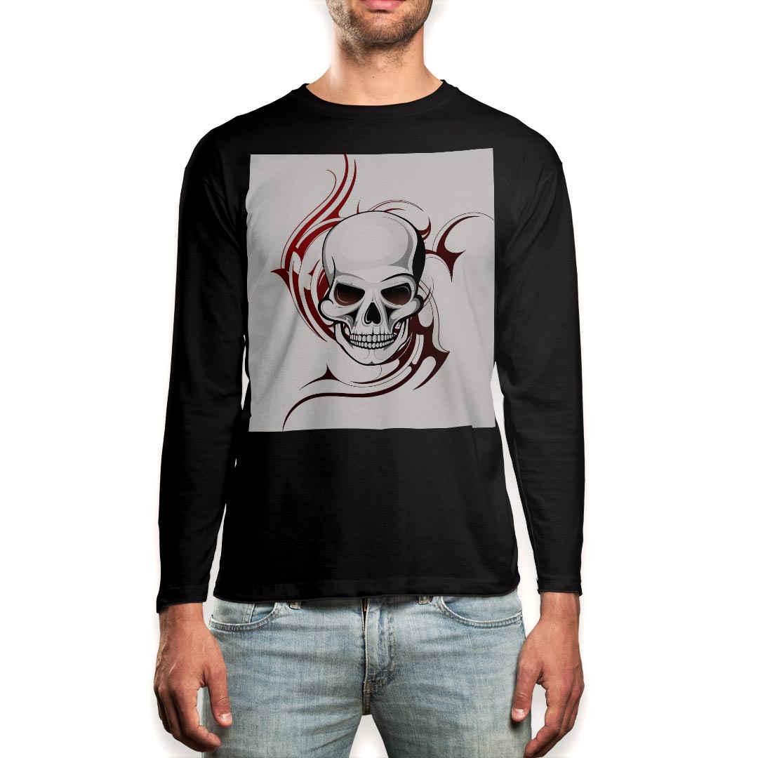乐天商城 - ロング tシャツ メンズ 長袖 ブラック デザイン XS S M L XL 2XL ロンT ティーシャツ 黒 black T shirt long sleeve 002955 ドクロ　骸骨