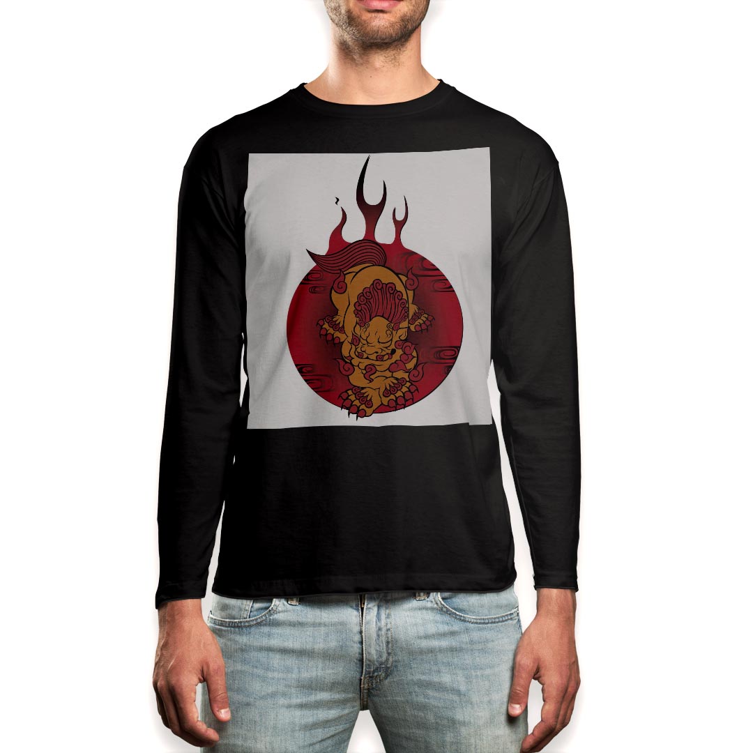 ロング tシャツ メンズ 長袖 ブラック デザイン XS S M L XL 2XL ロンT ティーシャツ 黒 black T shirt long sleeve 003421 シーサー キャラクター イラスト