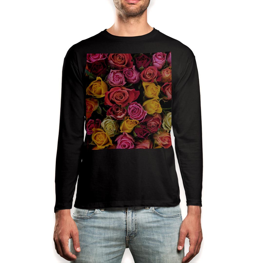 Rakuten - ロング tシャツ メンズ 長袖 ブラック デザイン XS S M L XL 2XL ロンT ティーシャツ 黒 black T shirt long sleeve 003427 花　カラフル　写真