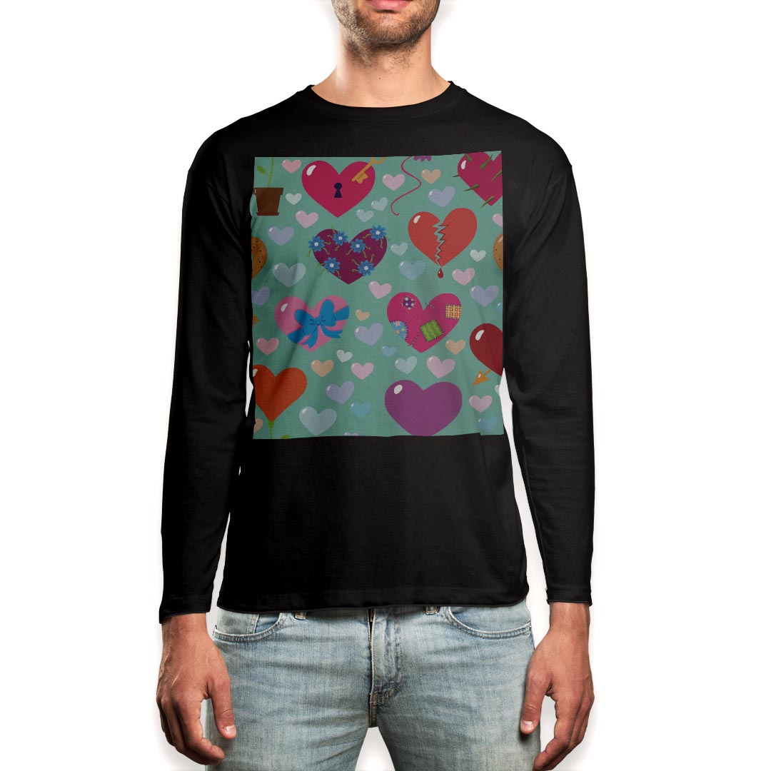 ロング tシャツ メンズ 長袖 ブラック デザイン XS S M L XL 2XL ロンT ティーシャツ 黒 black T shirt long sleeve 003467 ハート　カラフル