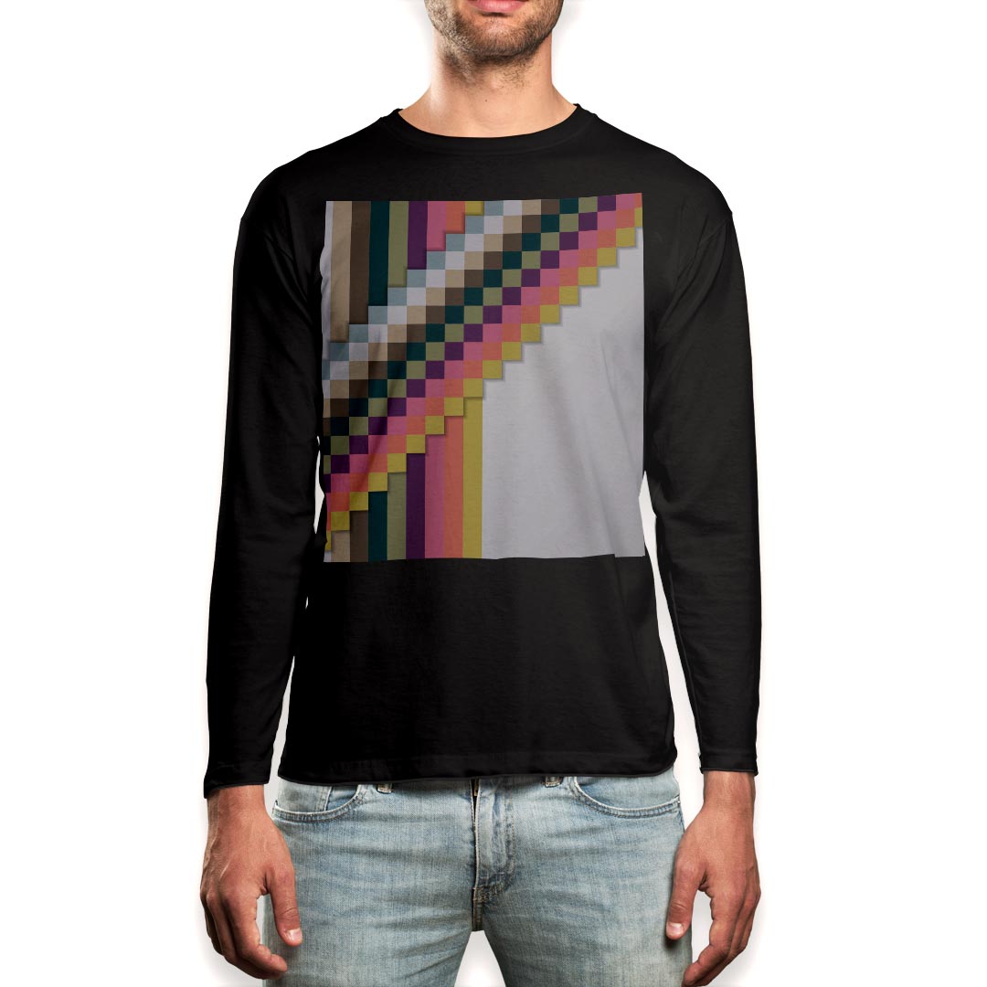 ロング tシャツ メンズ 長袖 ブラック デザイン XS S M L XL 2XL ロンT ティーシャツ 黒 black T shirt long sleeve 003659 モザイク カラフル ボーダー