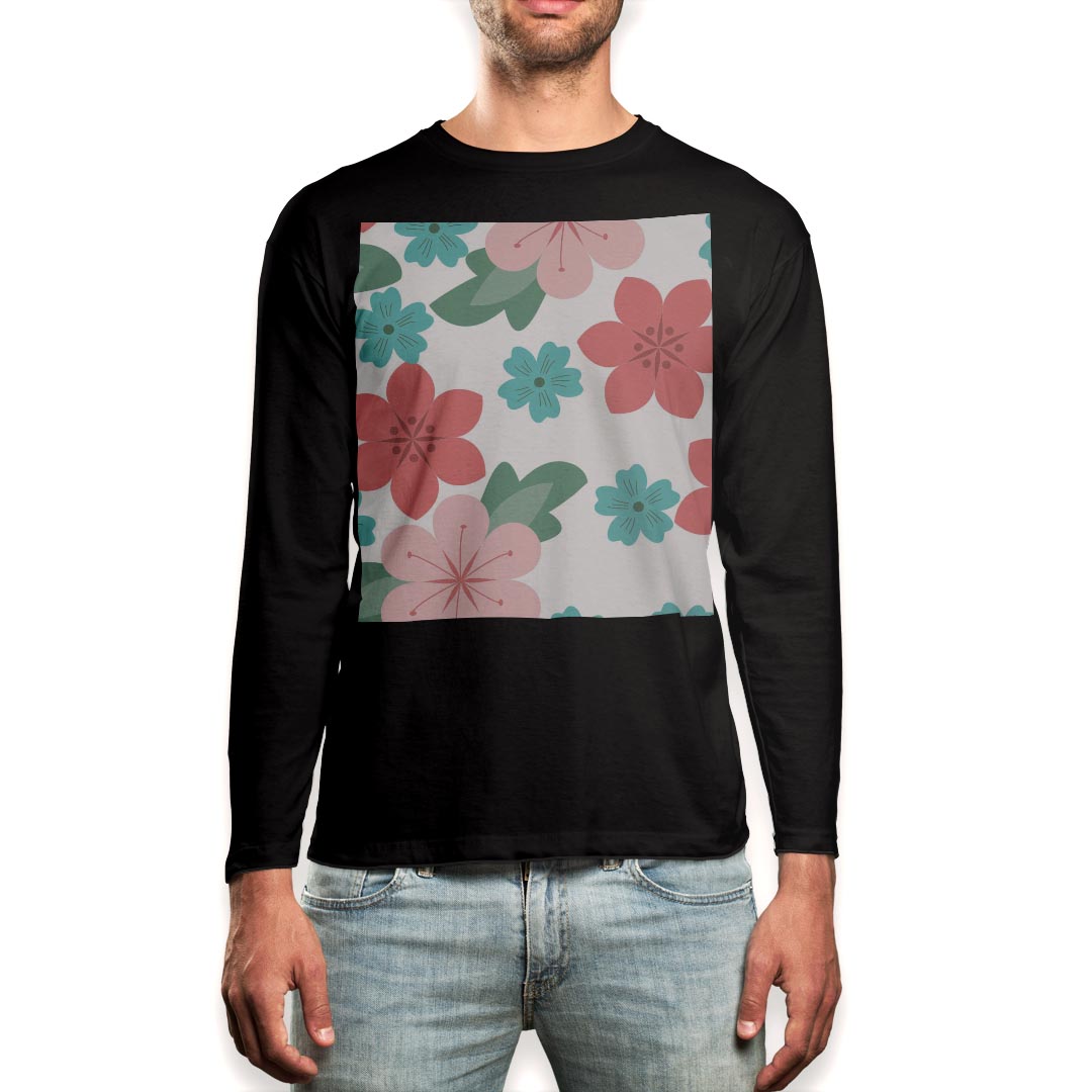 ロング tシャツ メンズ 長袖 ブラック デザイン XS S M L XL 2XL ロンT ティーシャツ 黒 black T shirt long sleeve 003759 花　フラワー　ピンク