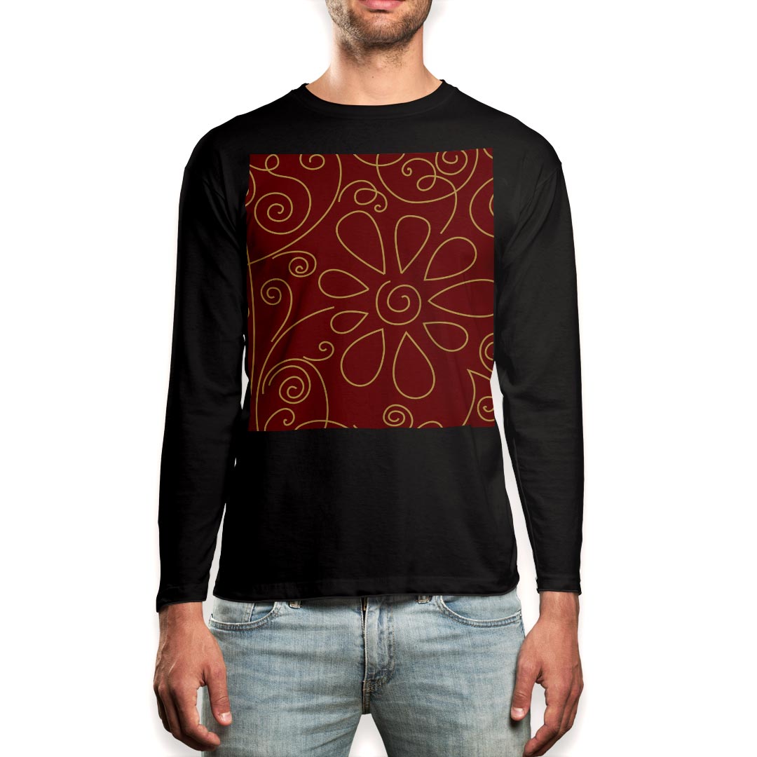 Henry Neck - ロング tシャツ メンズ 長袖 ブラック デザイン XS S M L XL 2XL ロンT ティーシャツ 黒 black T shirt long sleeve 003763 花　植物　赤