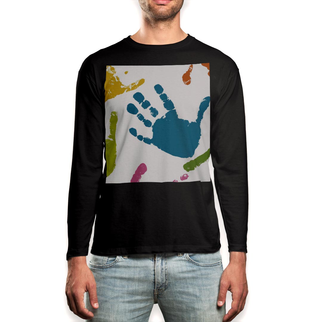 ロング tシャツ メンズ 長袖 ブラック デザイン XS S M L XL 2XL ロンT ティーシャツ 黒 black T shirt long sleeve 003787 手形　カラフル　イラスト
