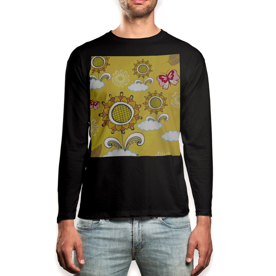 ロング tシャツ メンズ 長袖 ブラック デザイン XS S M L XL 2XL ロンT ティーシャツ 黒 black T shirt long sleeve 003923 花 蝶 イラスト 黄色