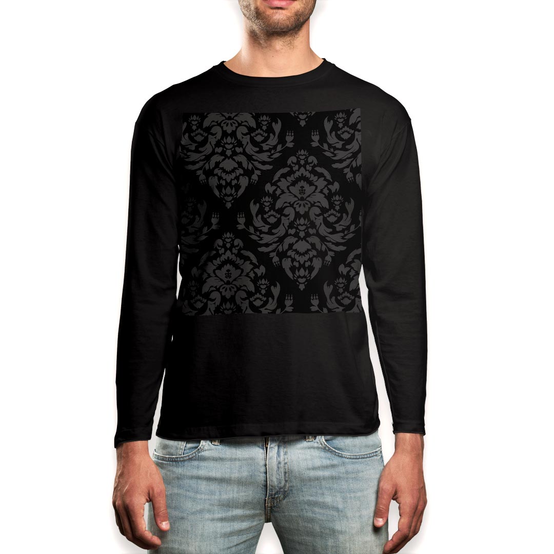 Long-Sleeved - ロング tシャツ メンズ 長袖 ブラック デザイン XS S M L XL 2XL ロンT ティーシャツ 黒 black T shirt long sleeve 004207 模様　エレガント　黒