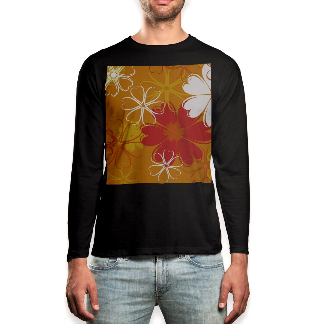 ロング tシャツ メンズ 長袖 ブラック デザイン XS S M L XL 2XL ロンT ティーシャツ 黒 black T shirt long sleeve 004290 花 フラワー オレンジ