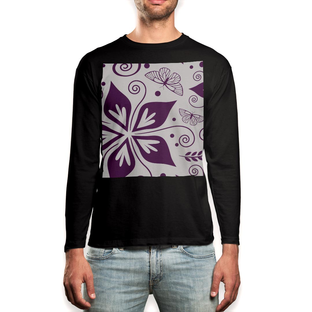 ロング tシャツ メンズ 長袖 ブラック デザイン XS S M L XL 2XL ロンT ティーシャツ 黒 black T shirt long sleeve 004406 花　蝶　紫