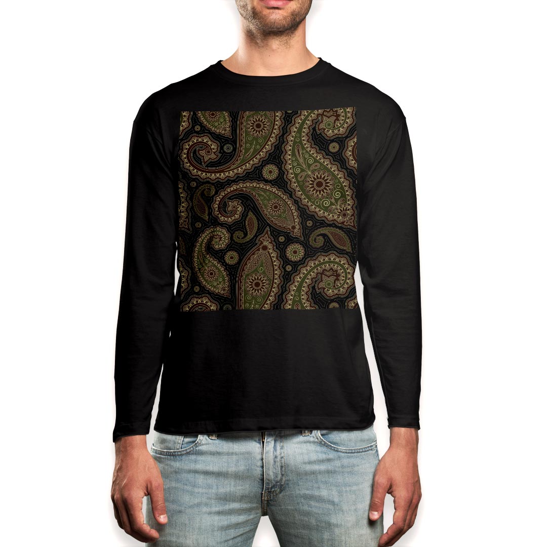 ロング tシャツ メンズ 長袖 ブラック デザイン XS S M L XL 2XL ロンT ティーシャツ 黒 black T shirt long sleeve 004435 ペイズリー　黒　緑