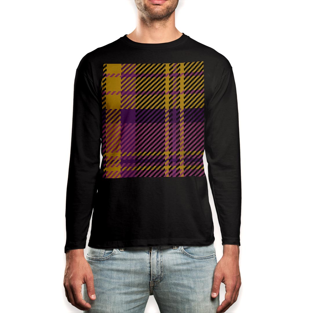 乐天商城 - ロング tシャツ メンズ 長袖 ブラック デザイン XS S M L XL 2XL ロンT ティーシャツ 黒 black T shirt long sleeve 004455 チェック　紫　黄色
