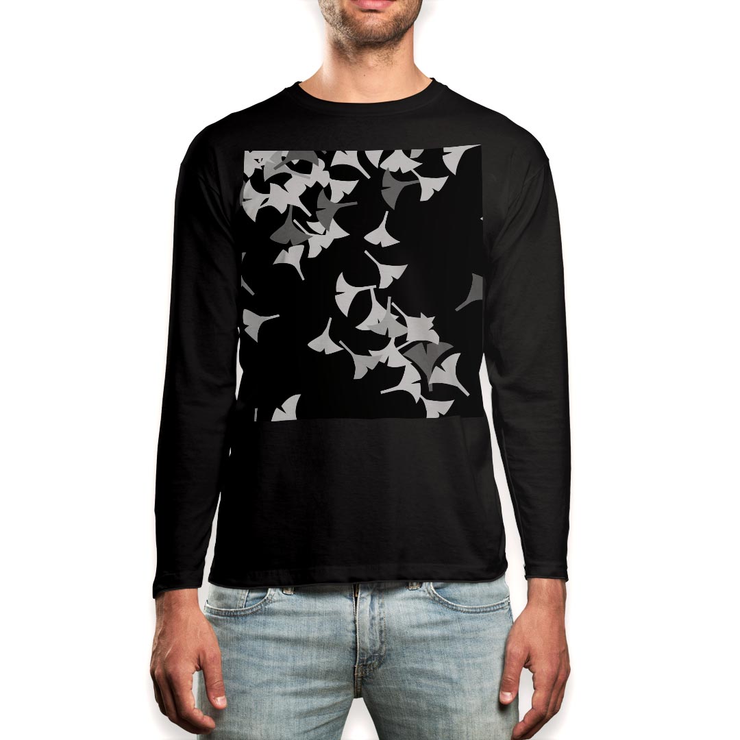 ロング tシャツ メンズ 長袖 ブラック デザイン XS S M L XL 2XL ロンT ティーシャツ 黒 black T shirt long sleeve 004474 イチョウ　秋　黒