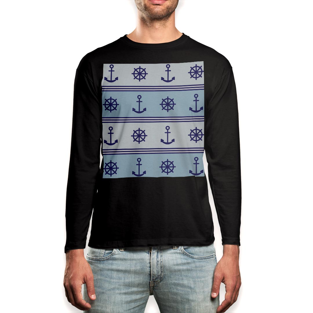 ロング tシャツ メンズ 長袖 ブラック デザイン XS S M L XL 2XL ロンT ティーシャツ 黒 black T shirt long sleeve 004599 マリン 模様 青