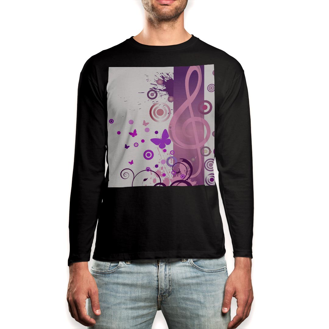 ロング tシャツ メンズ 長袖 ブラック デザイン XS S M L XL 2XL ロンT ティーシャツ 黒 black T shirt long sleeve 004672 蝶　音楽　紫