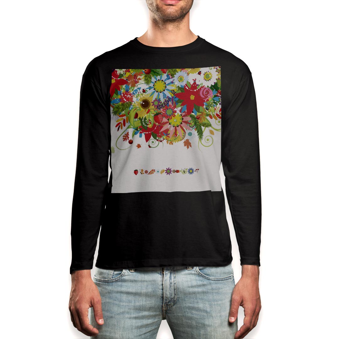 ロング tシャツ メンズ 長袖 ブラック デザイン XS S M L XL 2XL ロンT ティーシャツ 黒 black T shirt long sleeve 004883 花 カラフル