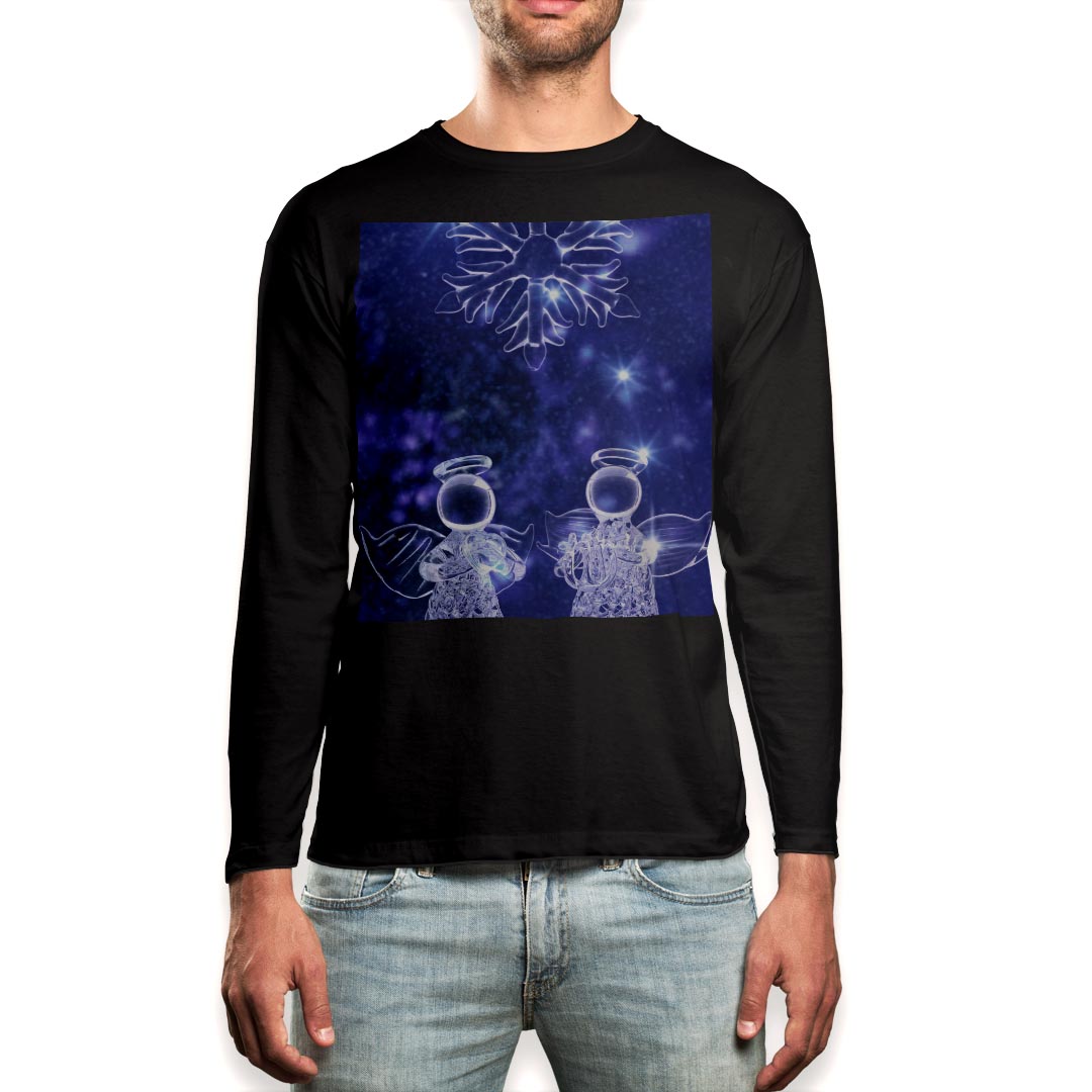 ロング tシャツ メンズ 長袖 ブラック デザイン XS S M L XL 2XL ロンT ティーシャツ 黒 black T shirt long sleeve 004960 天使 冬 雪 結晶
