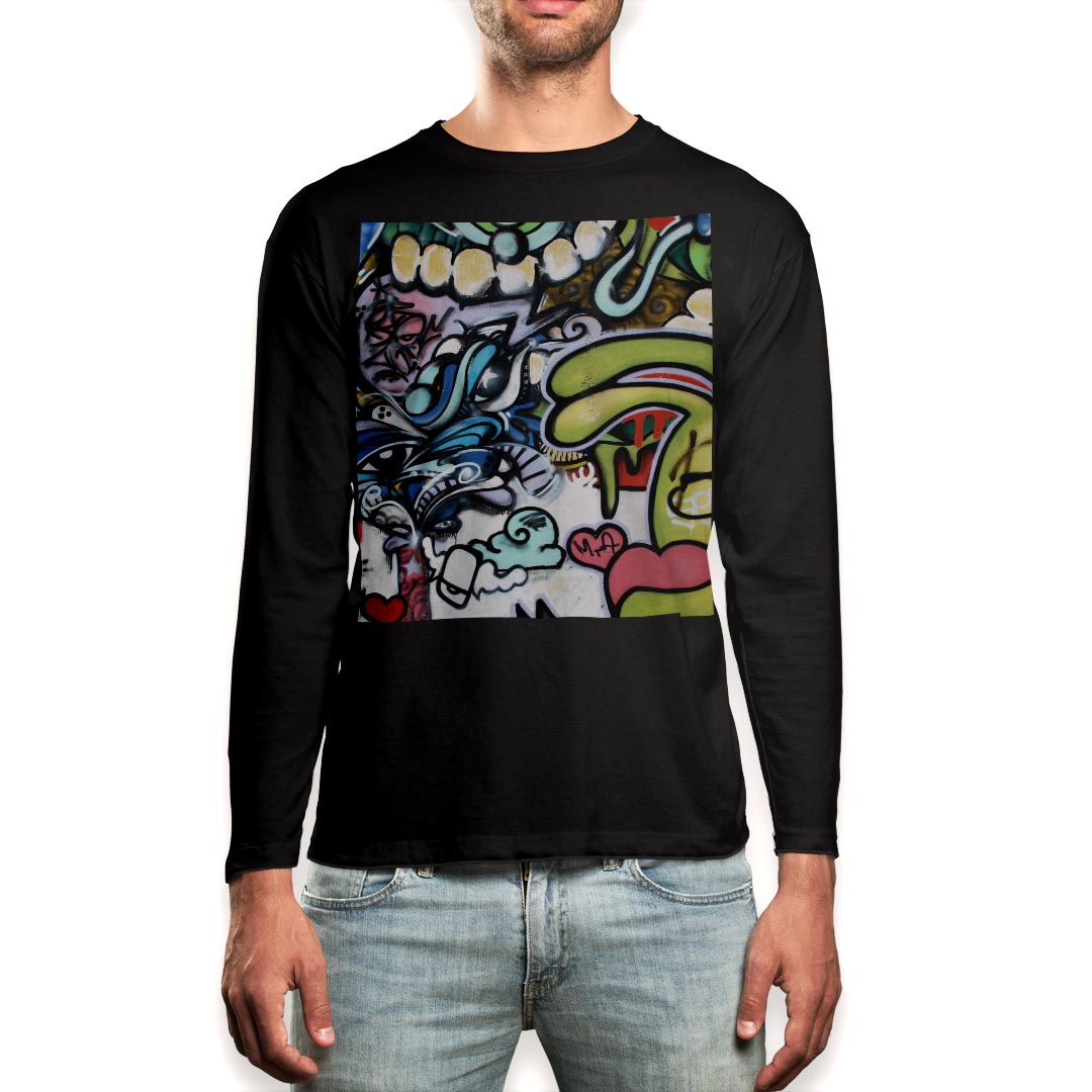 ロング tシャツ メンズ 長袖 ブラック デザイン XS S M L XL 2XL ロンT ティーシャツ 黒 black T shirt long sleeve 005009 イラスト キャラクター モンスター