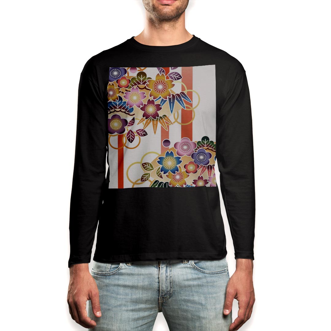 ロング tシャツ メンズ 長袖 ブラック デザイン XS S M L XL 2XL ロンT ティーシャツ 黒 black T shirt long sleeve 005103 和柄 和風 花