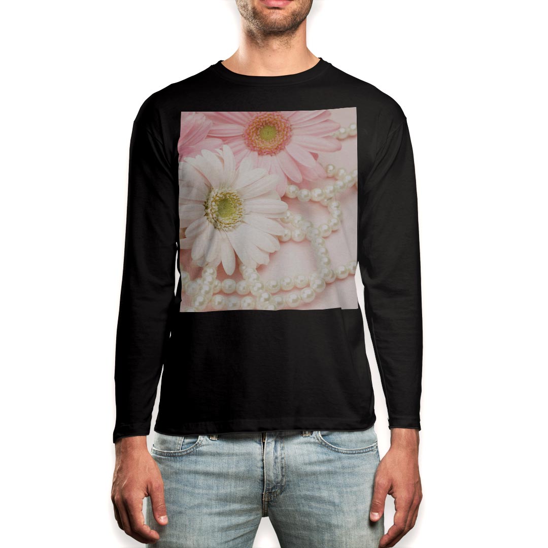 ロング tシャツ メンズ 長袖 ブラック デザイン XS S M L XL 2XL ロンT ティーシャツ 黒 black T shirt long sleeve 005148 花　パール　ピンク