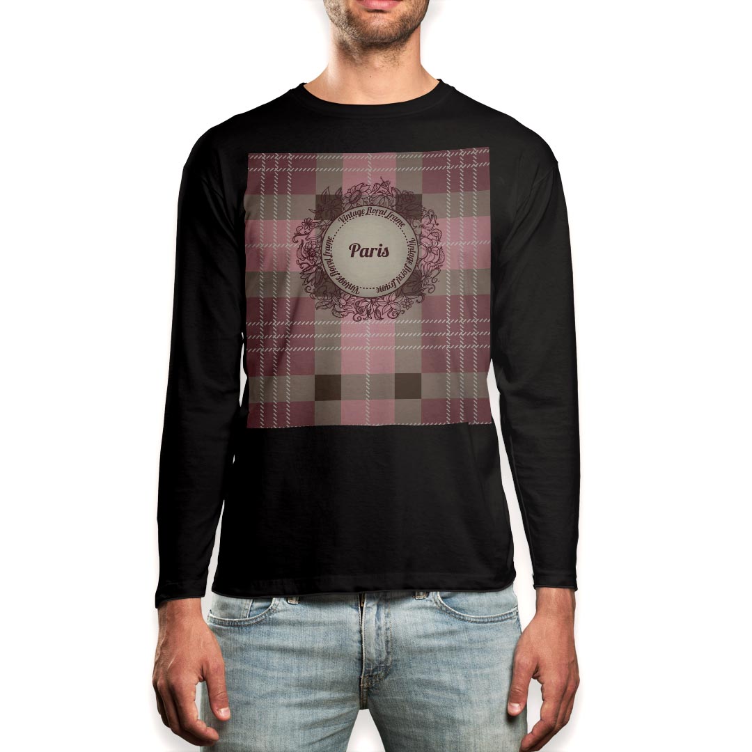 ロング tシャツ メンズ 長袖 ブラック デザイン XS S M L XL 2XL ロンT ティーシャツ 黒 black T shirt long sleeve 005171 ビンテージ チェック 模様