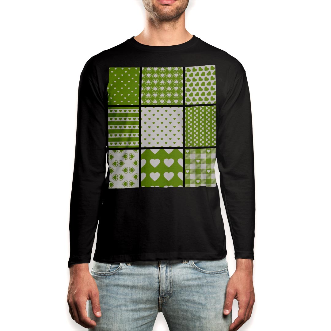 ロング tシャツ メンズ 長袖 ブラック デザイン XS S M L XL 2XL ロンT ティーシャツ 黒 black T shirt long sleeve 005175 ハート　緑..