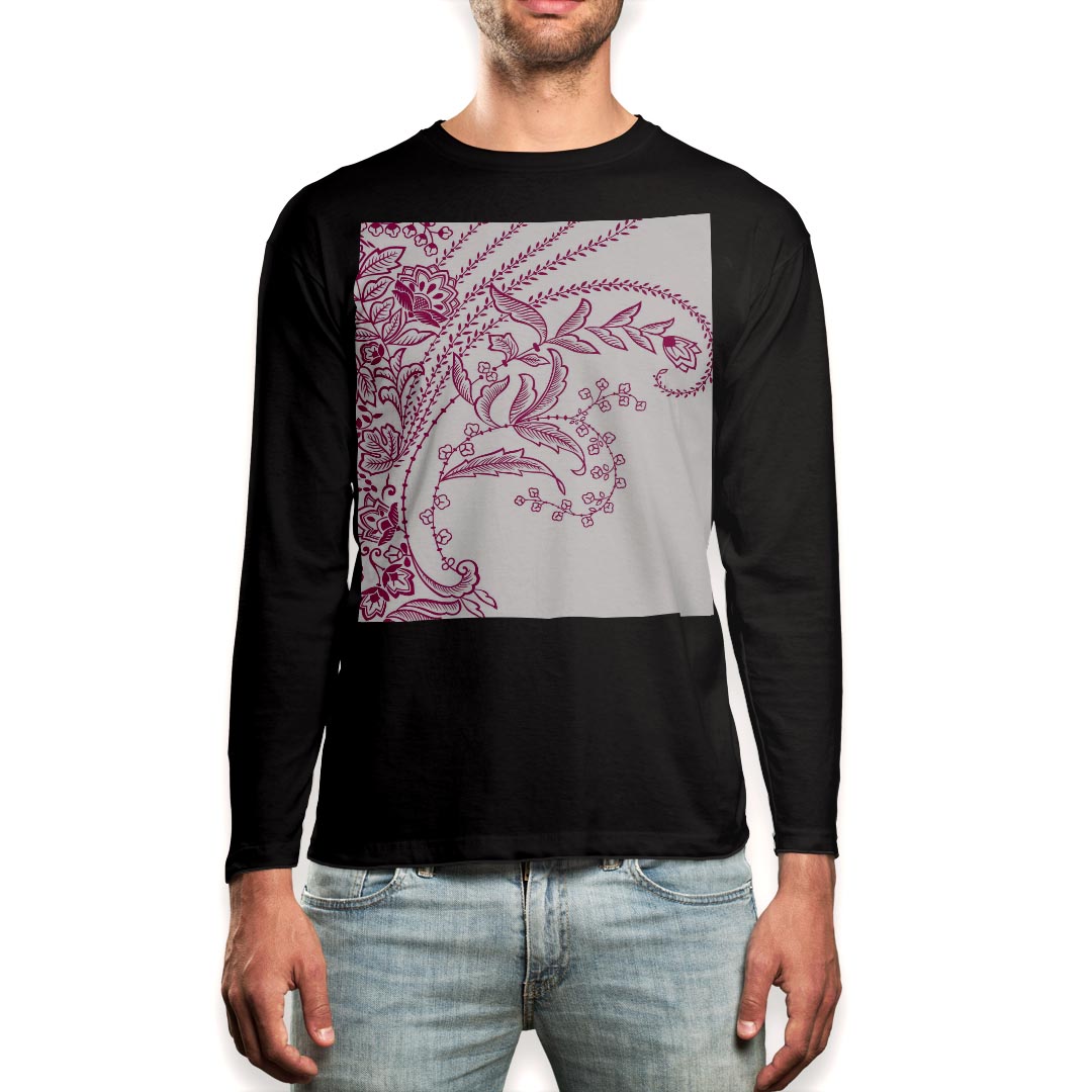 拉链 - ロング tシャツ メンズ 長袖 ブラック デザイン XS S M L XL 2XL ロンT ティーシャツ 黒 black T shirt long sleeve 005227 植物　イラスト　ピンク