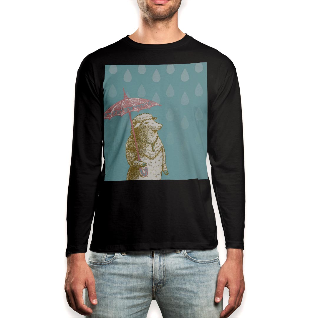 Necked Turtle - ロング tシャツ メンズ 長袖 ブラック デザイン XS S M L XL 2XL ロンT ティーシャツ 黒 black T shirt long sleeve 005426 ひつじ　雨　イラスト