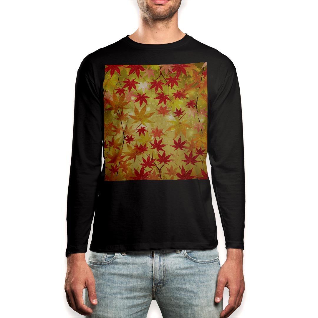 ロング tシャツ メンズ 長袖 ブラック デザイン XS S M L XL 2XL ロンT ティーシャツ 黒 black T shirt long sleeve 005455 和風 和柄 紅葉