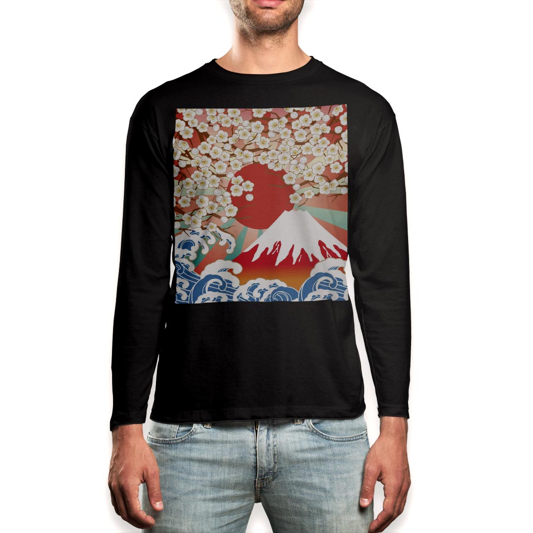 Rakuten - ロング tシャツ メンズ 長袖 ブラック デザイン XS S M L XL 2XL ロンT ティーシャツ 黒 black T shirt long sleeve 005475 和風　和柄　富士山