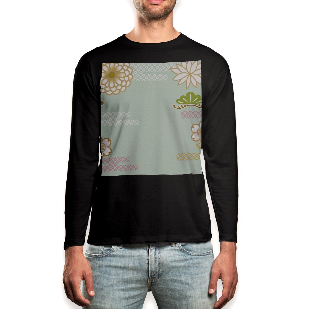 Long-Sleeved - ロング tシャツ メンズ 長袖 ブラック デザイン XS S M L XL 2XL ロンT ティーシャツ 黒 black T shirt long sleeve 005536 和風　和柄　花
