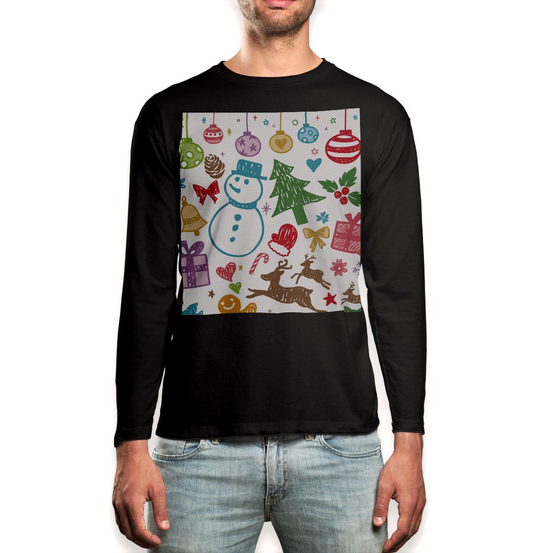 ロング tシャツ メンズ 長袖 ブラック デザイン XS S M L XL 2XL ロンT ティーシャツ 黒 black T shirt long sleeve 005540 冬 イラスト クリスマス