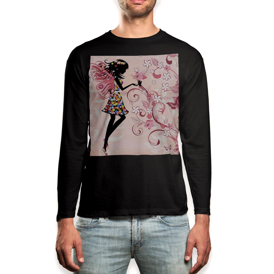 ロング tシャツ メンズ 長袖 ブラック デザイン XS S M L XL 2XL ロンT ティーシャツ 黒 black T shirt long sleeve 005591 妖精 花 フラワー