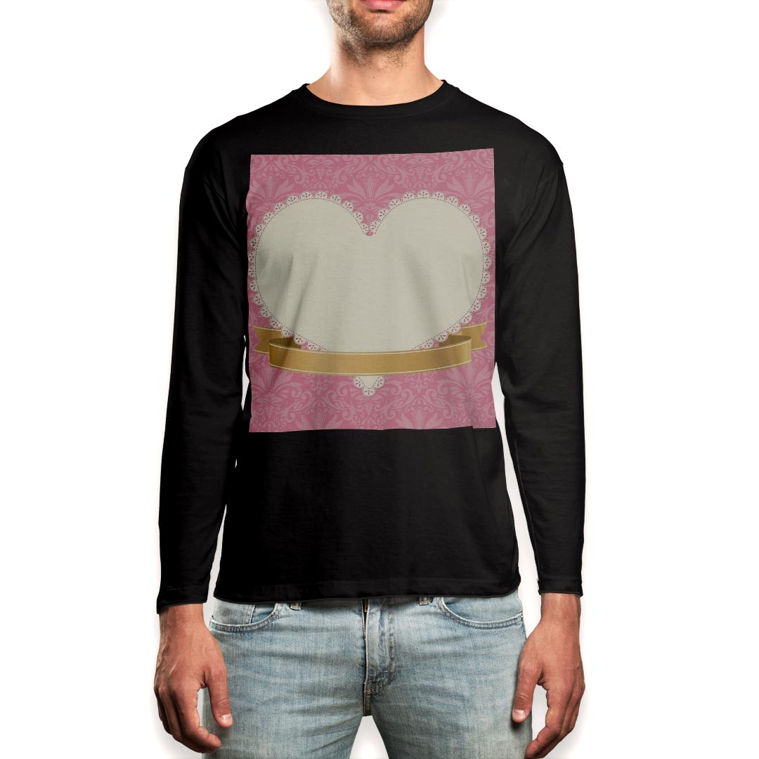 Henry Neck - ロング tシャツ メンズ 長袖 ブラック デザイン XS S M L XL 2XL ロンT ティーシャツ 黒 black T shirt long sleeve 005683 ハート　レース　ピンク