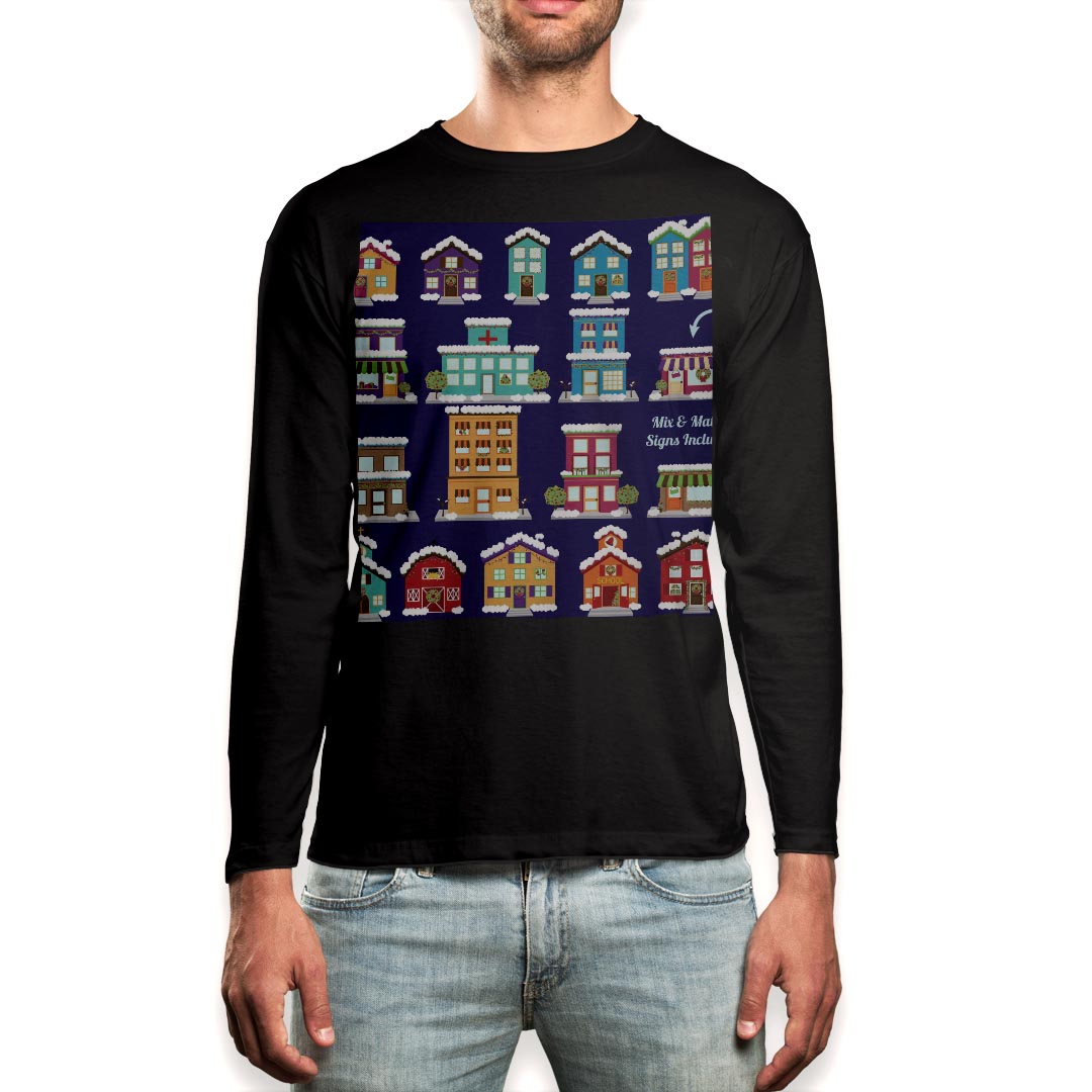 ロング tシャツ メンズ 長袖 ブラック デザイン XS S M L XL 2XL ロンT ティーシャツ 黒 black T shirt long sleeve 005787 カラフル 家 イラスト