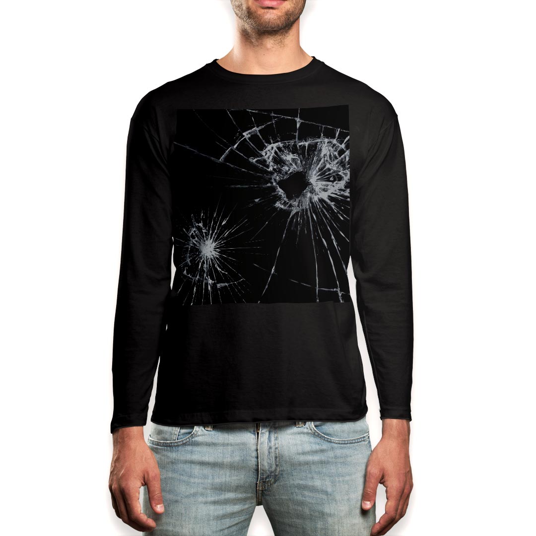 ロング tシャツ メンズ 長袖 ブラック デザイン XS S M L XL 2XL ロンT ティーシャツ 黒 black T shirt long sleeve 005889 ひび割れ ヒビ ガラス