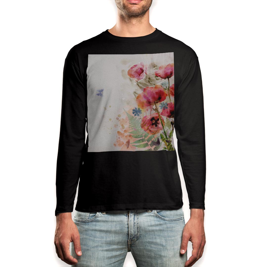 乐天商城 - ロング tシャツ メンズ 長袖 ブラック デザイン XS S M L XL 2XL ロンT ティーシャツ 黒 black T shirt long sleeve 006092 花　フラワー　水彩