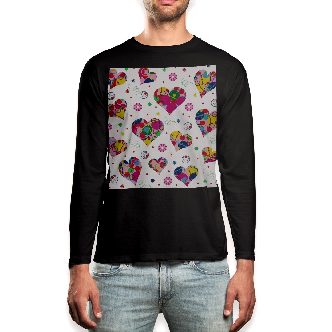 ロング tシャツ メンズ 長袖 ブラック デザイン XS S M L XL 2XL ロンT ティーシャツ 黒 black T shirt long sleeve 006390 ハート カラフル