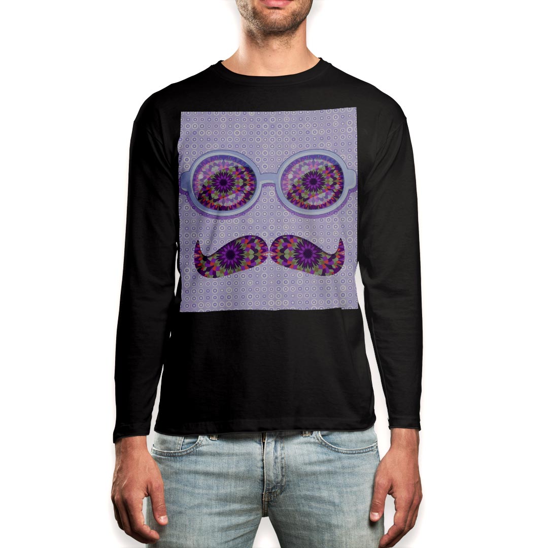 Long-Sleeved - ロング tシャツ メンズ 長袖 ブラック デザイン XS S M L XL 2XL ロンT ティーシャツ 黒 black T shirt long sleeve 006406 眼鏡　めがね　ひげ　ヒゲ