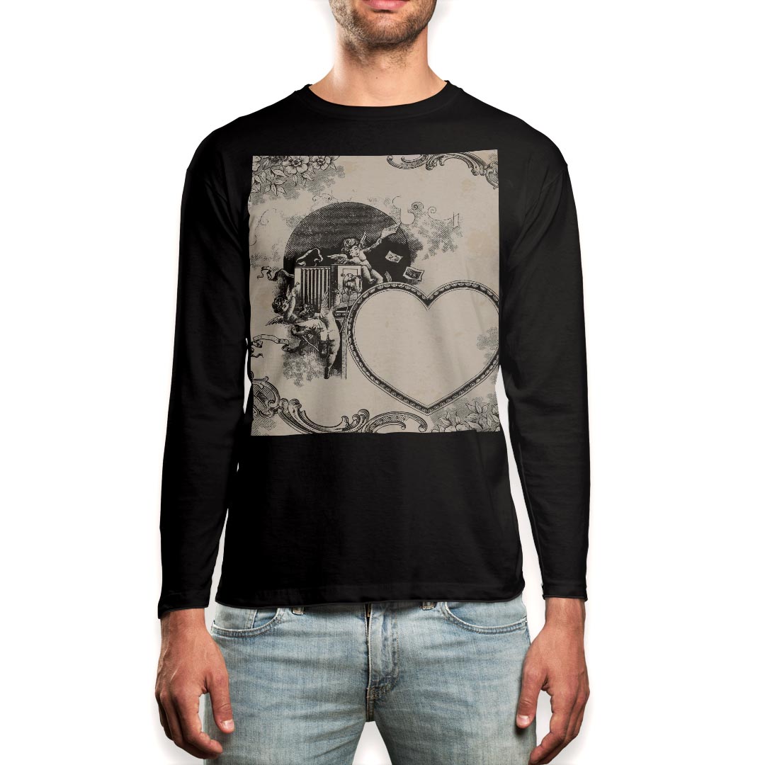ロング tシャツ メンズ 長袖 ブラック デザイン XS S M L XL 2XL ロンT ティーシャツ 黒 black T shirt long sleeve 006510 天使　ハート　イラスト