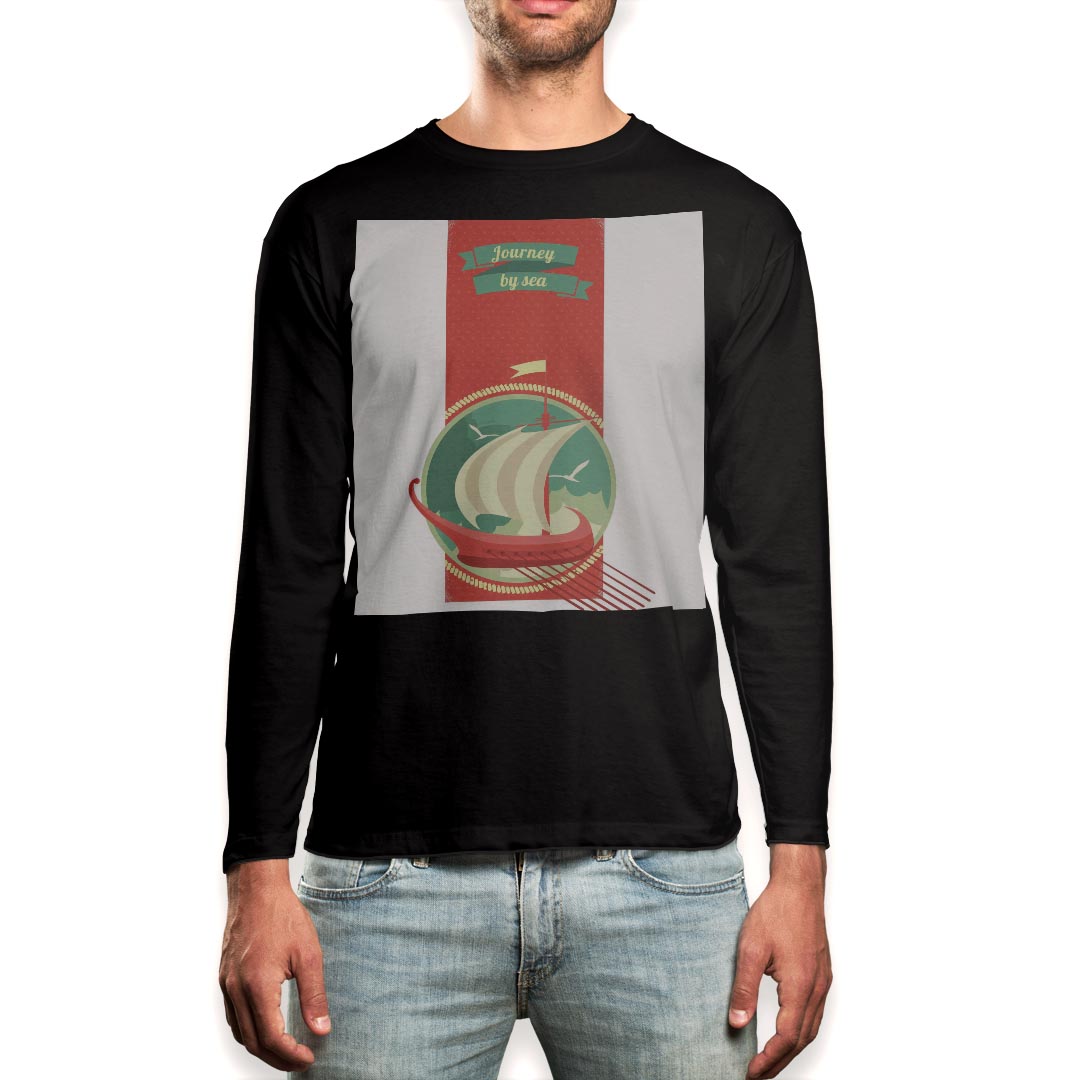 ロング tシャツ メンズ 長袖 ブラック デザイン XS S M L XL 2XL ロンT ティーシャツ 黒 black T shirt long sleeve 006558 船 イラスト レトロ