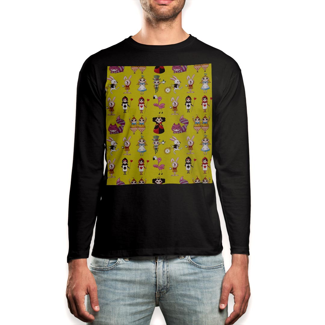 ロング tシャツ メンズ 長袖 ブラック デザイン XS S M L XL 2XL ロンT ティーシャツ 黒 black T shirt long sleeve 006721 アリス イラスト 模様