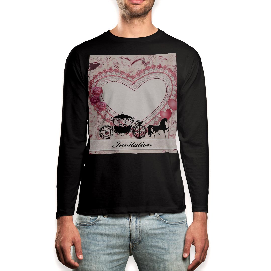 ロング tシャツ メンズ 長袖 ブラック デザイン XS S M L XL 2XL ロンT ティーシャツ 黒 black T shirt long sleeve 006725 ハート 馬車