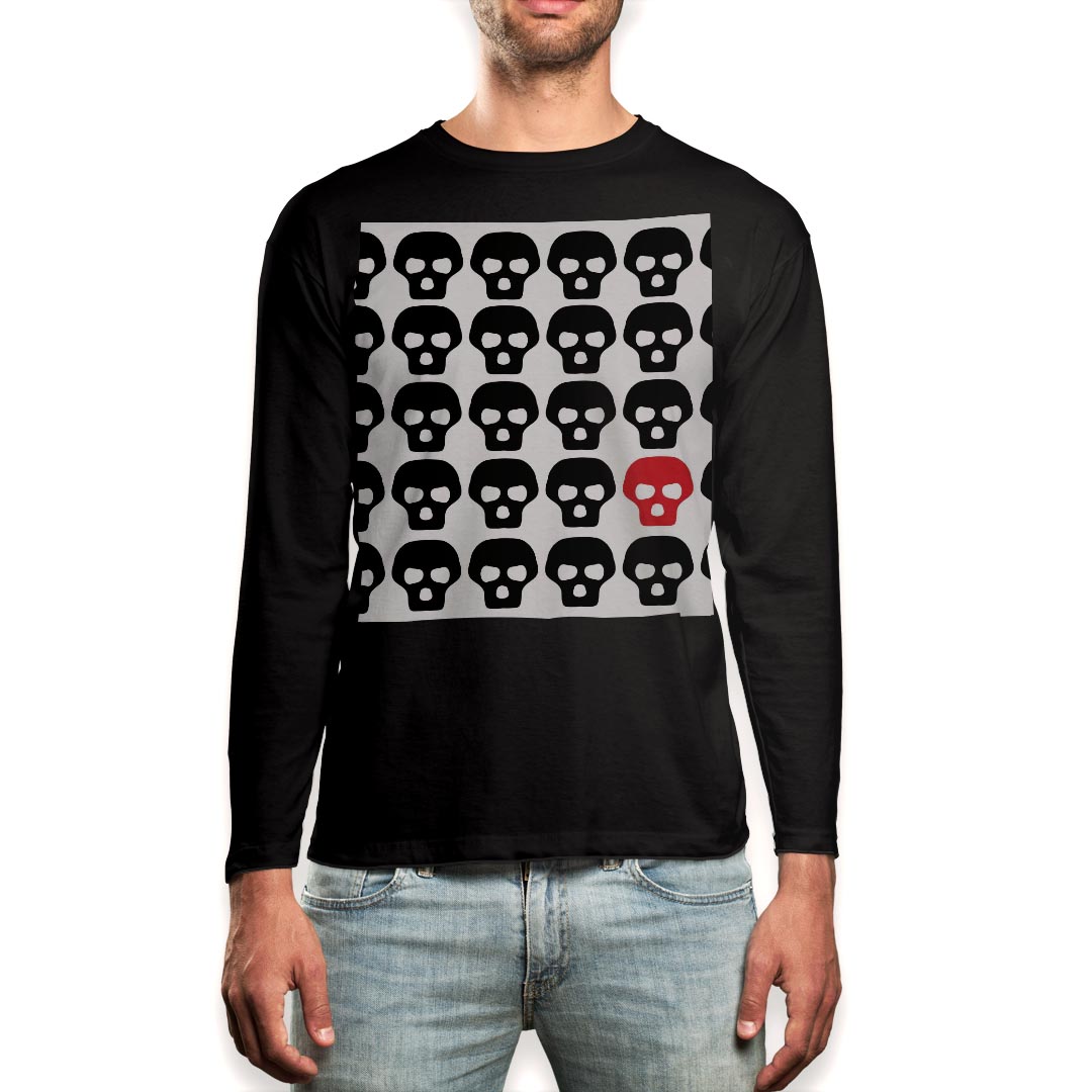 T-Shirts - ロング tシャツ メンズ 長袖 ブラック デザイン XS S M L XL 2XL ロンT ティーシャツ 黒 black T shirt long sleeve 006731 骸骨　ドクロ　文字