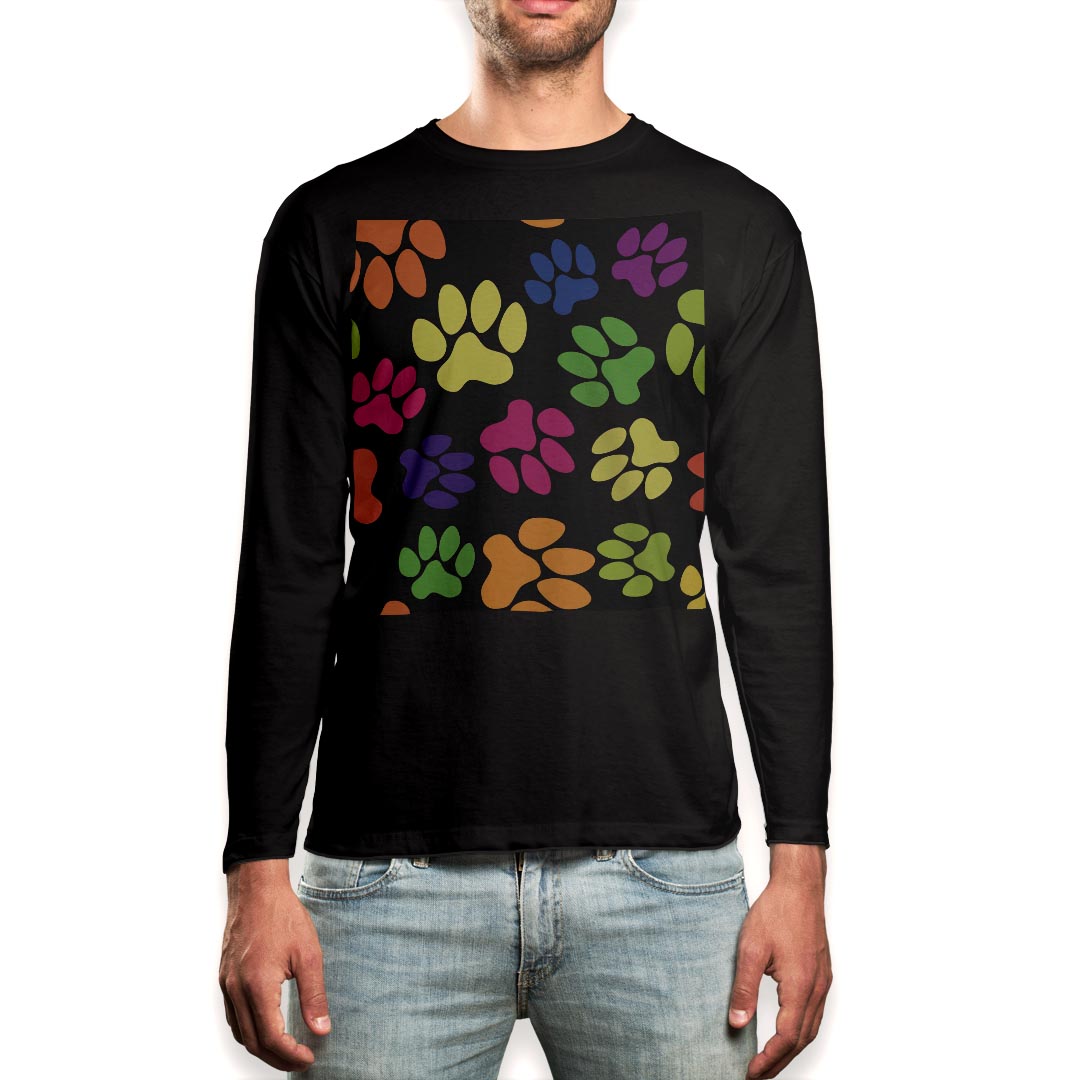 ロング tシャツ メンズ 長袖 ブラック デザイン XS S M L XL 2XL ロンT ティーシャツ 黒 black T shirt long sleeve 006783 動物　足跡　模様