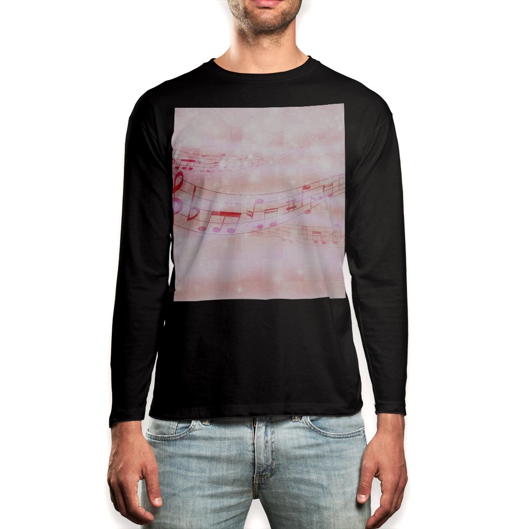 ロング tシャツ メンズ 長袖 ブラック デザイン XS S M L XL 2XL ロンT ティーシャツ 黒 black T shirt long sleeve 006888 音符　ピンク
